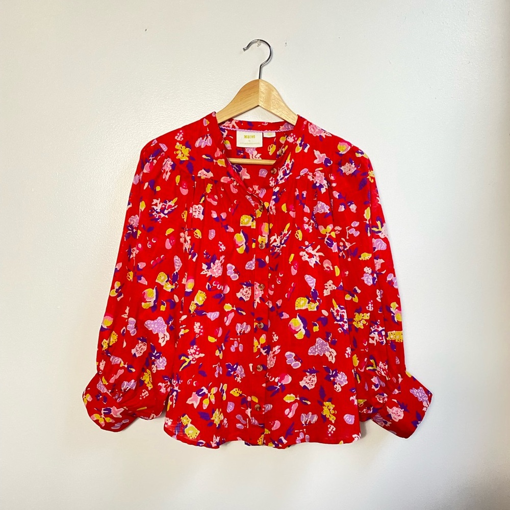 Maeve by Anthropologie Floral Red Long Sleeve Button Down Blouse